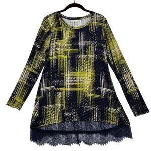 LOGO Lori Goldstein Tunic Blouse Size S Green Navy Print Eyelash Lace Hem